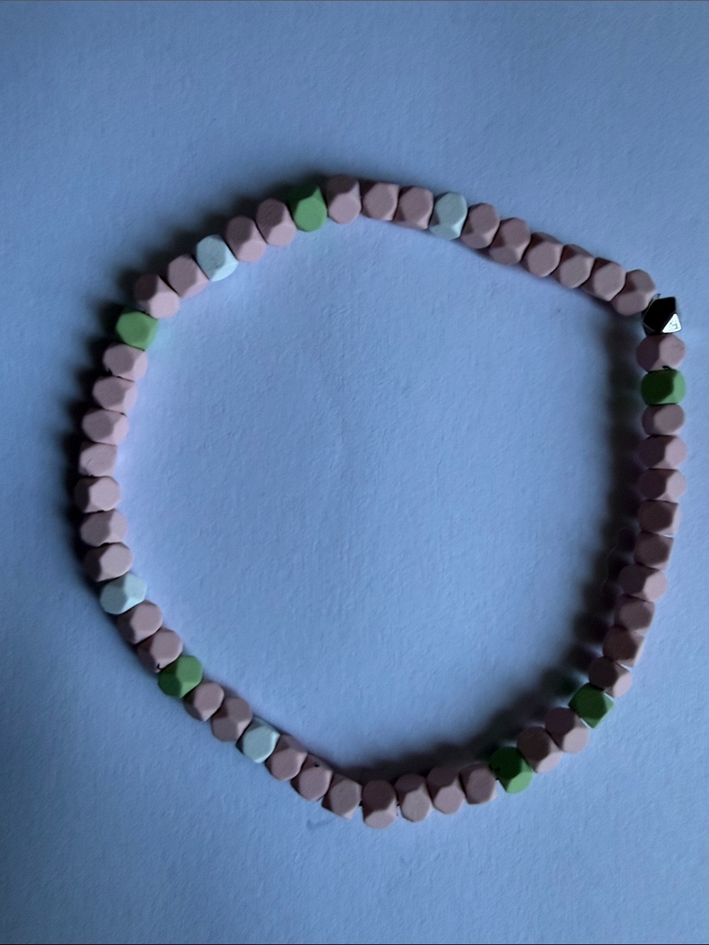 Pastel Pink Beaded Stretch Necklace with Green & White Accents